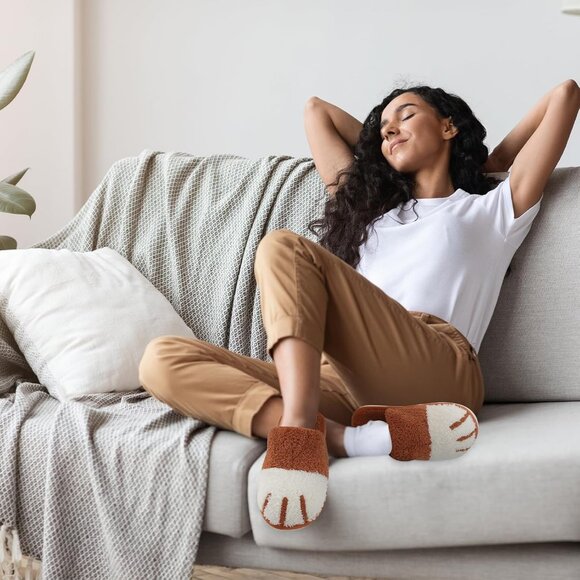 Women's Orange White Memory Foam Winter Warm Cozy Fuzzy Bedroom Slippers Shoes - Picture 2 of 6